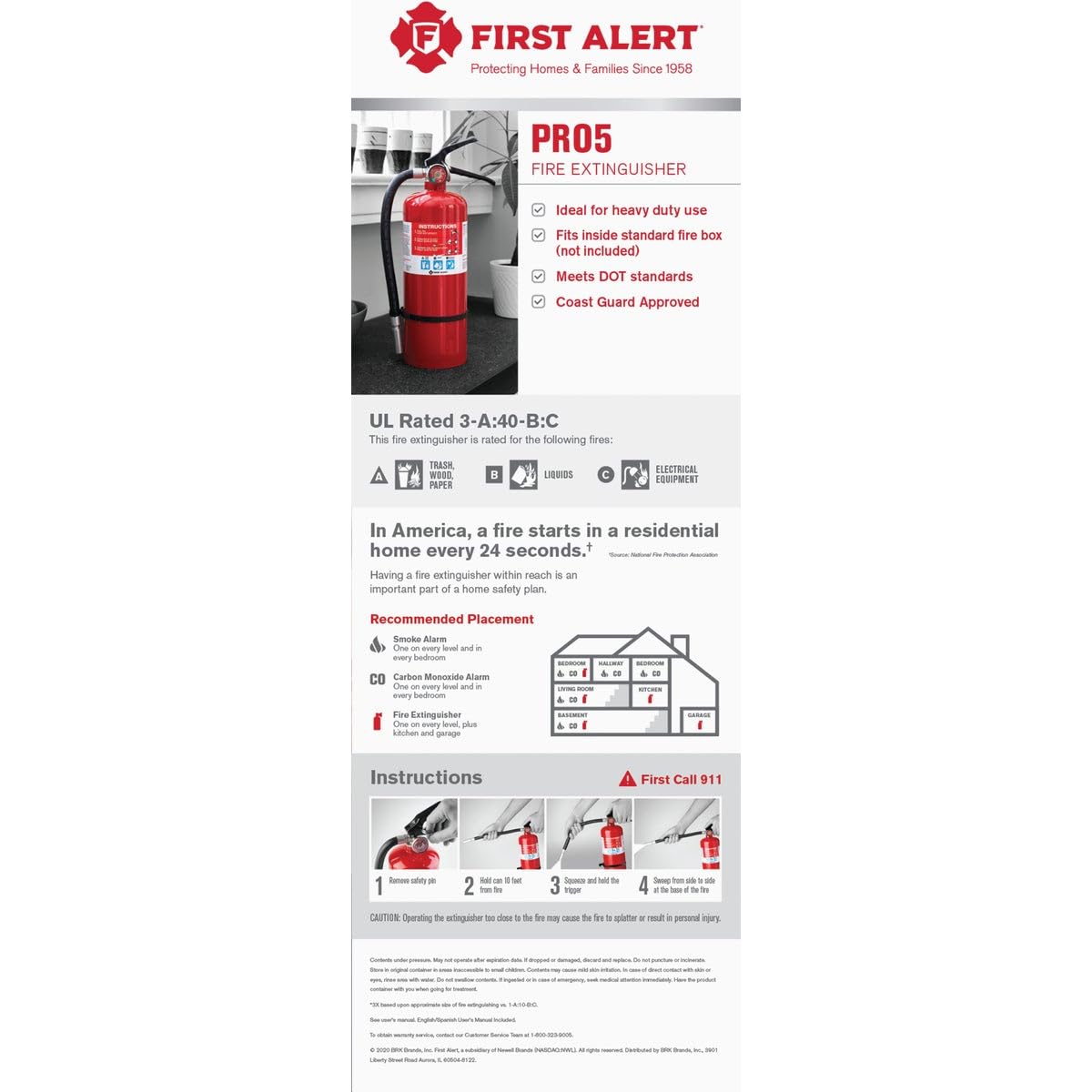 FIRST ALERT PRO5 Rechargeable Heavy Duty Fire Extinguisher, UL RATED 3-A:40-B:C, Red, 1-Pack