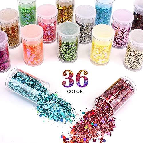 Chunky and Fine Glitter Mix, Estanoite 36 Colors Chunky Sequins & Fine Glitter Powder Mix, Cosmetic Makeup Flakes for Face...