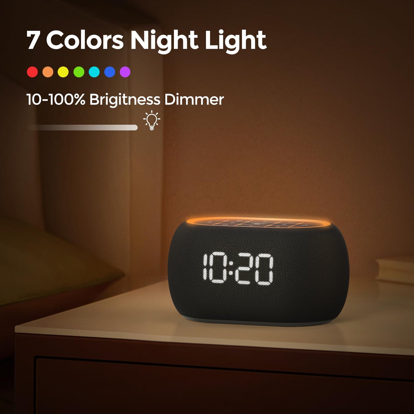 ANJANK Alarm Clock White Noise Sound Machine with Bluetooth Speaker, 21 Soothing Sounds, 7 Night Lights, 0-100% Dimmer/Sleep Timer/Volume Control, Small Design for Kids Adults Sleeping,Bedroom (Black)