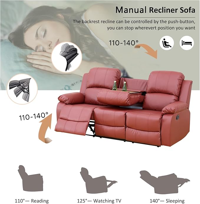 A Ainehome Living Room Furniture Set Leather Recliner Sofa Set Loveseat Chair Furniture Sofa Set for Living Room/Small Space/Rv/House/Office/Theater Seating (A-Red Leather, Sofa+Chairs)