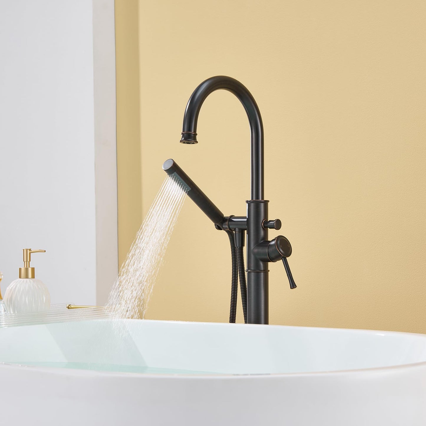 Wowkk Free Standing Tub Faucet Oil Rubbed Bronze Freestanding Bathtub Faucet Floor Mount Brass Bathroom Tub Filler with Hand Shower