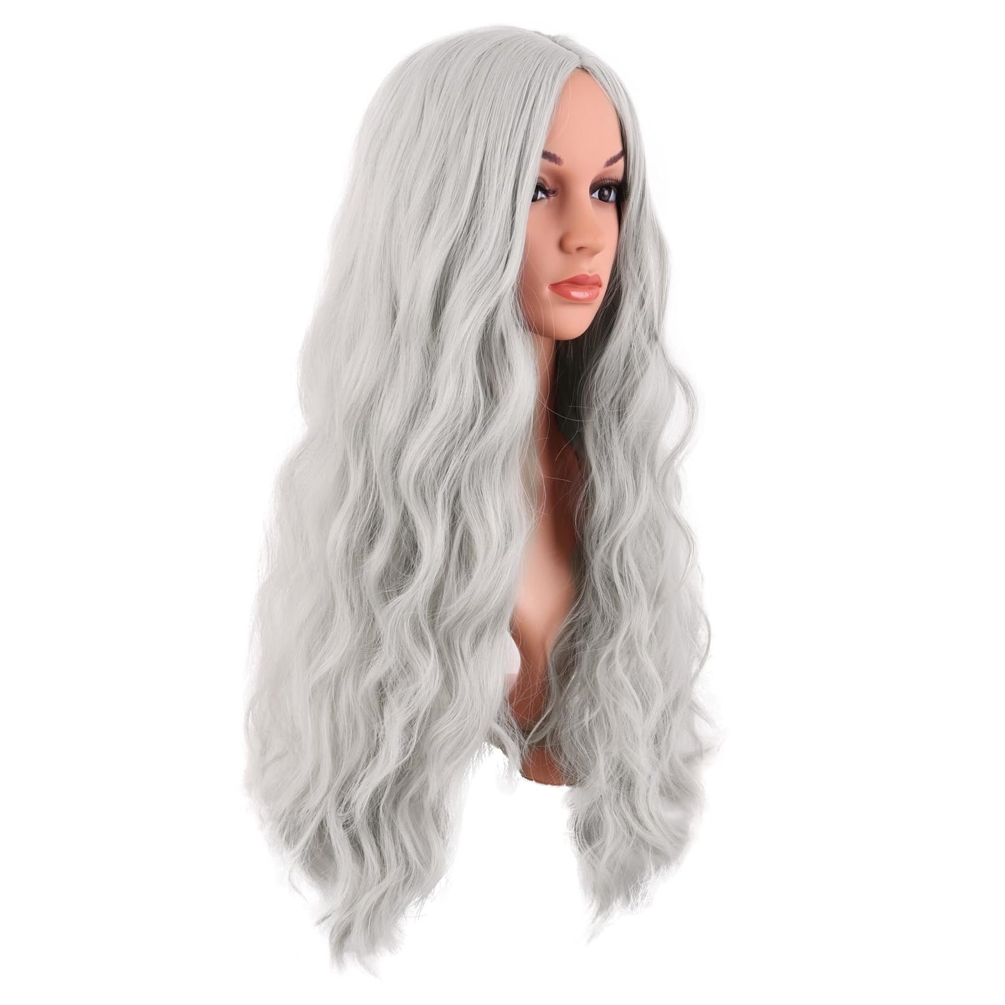 MapofBeauty 28 Inch/70 cm Long Wavy Middle Part with No Bangs Synthetic Fiber Curly Fashion Women Party Cosplay Wig (Silver)