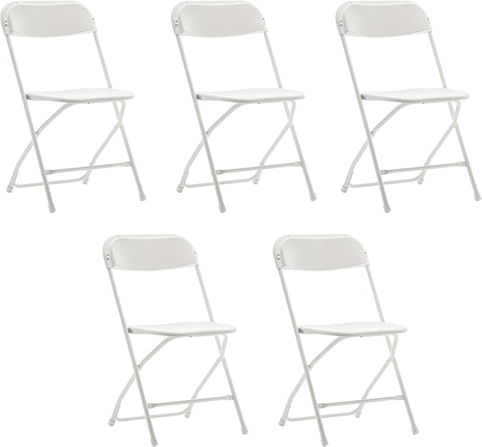 BTEXPERT Set of 5 Pack, White Plastic Folding Chair Steel Frame Commercial High Capacity Event Chair Lightweight Set for Office Wedding Party Picnic Kitchen Dining Church School