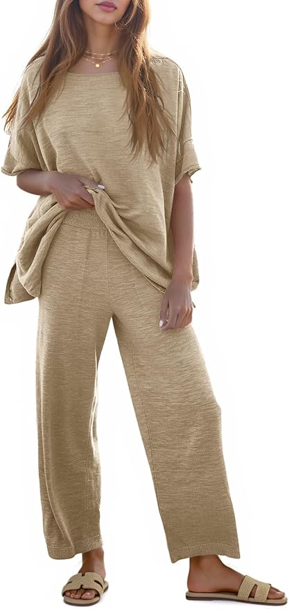 Tankaneo Women's 2 Piece Travel Outfits Casual Short Sleeve Knit Sweater Set Wide Leg Pants Lounge Sets Tracksuit