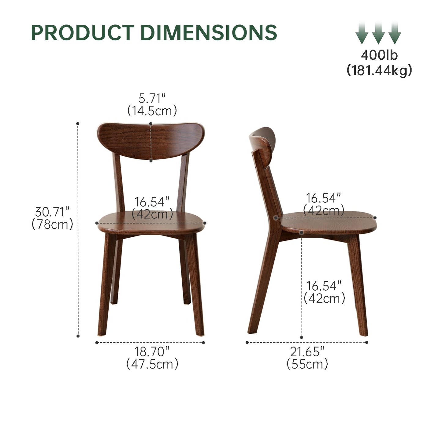Vadisun Oak Dining Chairs, Kitchen Chairs, 100% Solid Wood Modern Dinner Chair with Curved Backrest, Dining Room Chair for Kitchen, Living Room, Dining Room (1PK, Walnut)