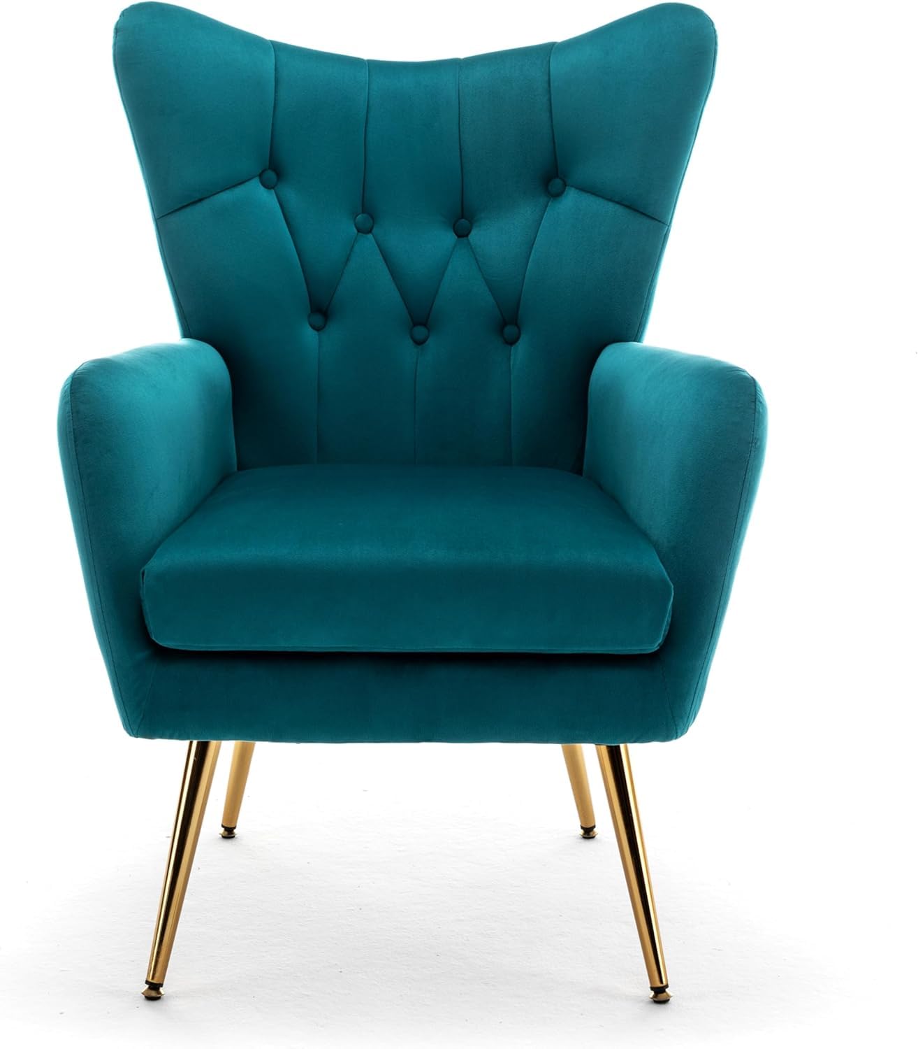 Container Furniture Direct Modern Chic Mid-Century Velvet Accent Armchair for Living Room, Bedroom, or Home Office, Button-Tufted Wingback Design with Gold Flared Legs, Dark Teal