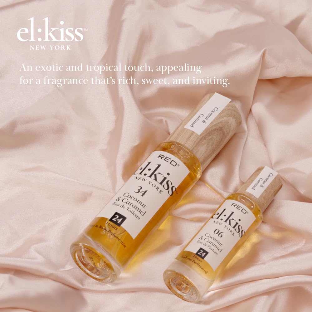 EL:KISS Roll On Perfume, Coconut & Caramel Eau de Parfum 12mL (.40 Fl Oz), Hydrating & Long-Lasting, Alcohol-Free & Mineral Oil-Free, Infused with Jojoba, Argan & Coconut Oil