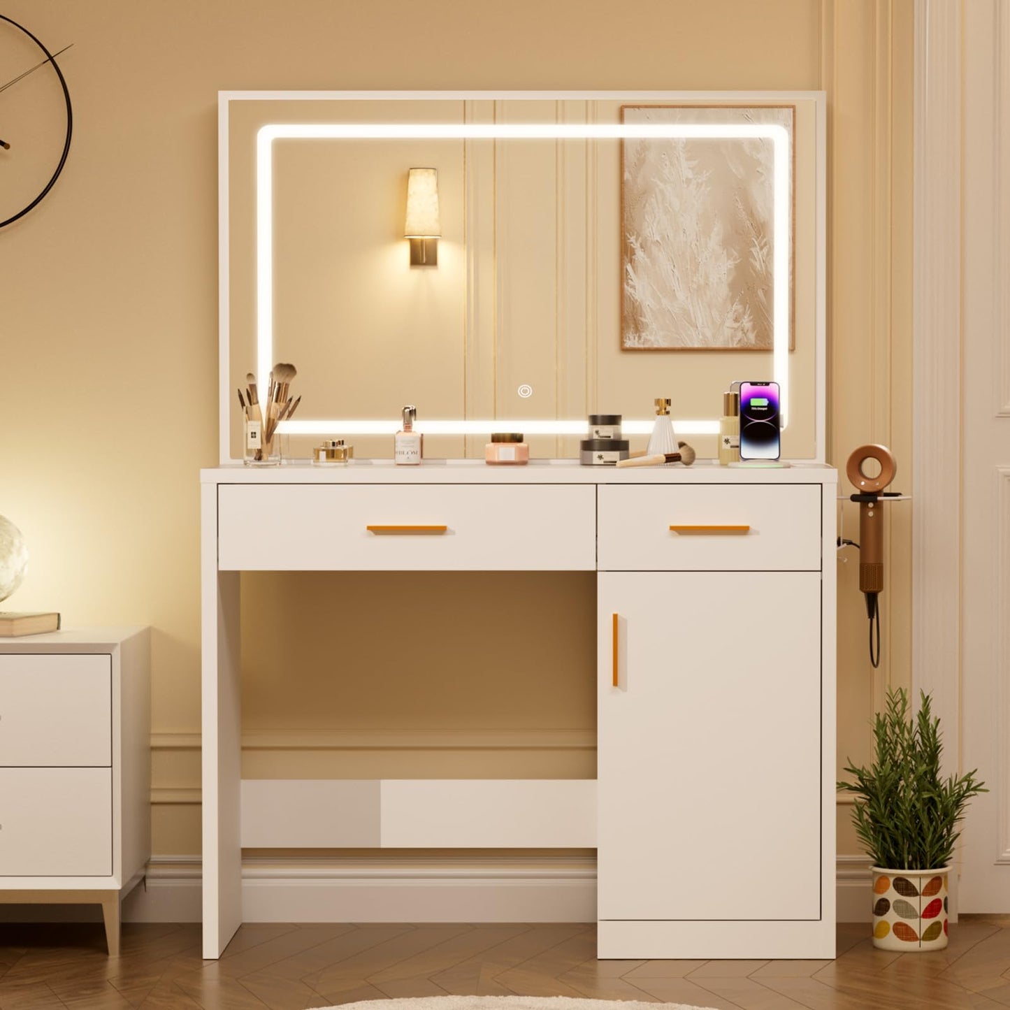 DUMOS Vanity Desk with 35.4" LED Mirror and Lights, Makeup Vanity Table with Charging Station (2AC/USB/C), 2 Drawers & Large Cabinet, 3 Lighting Color Adjustable, Modern Dressing Table, White
