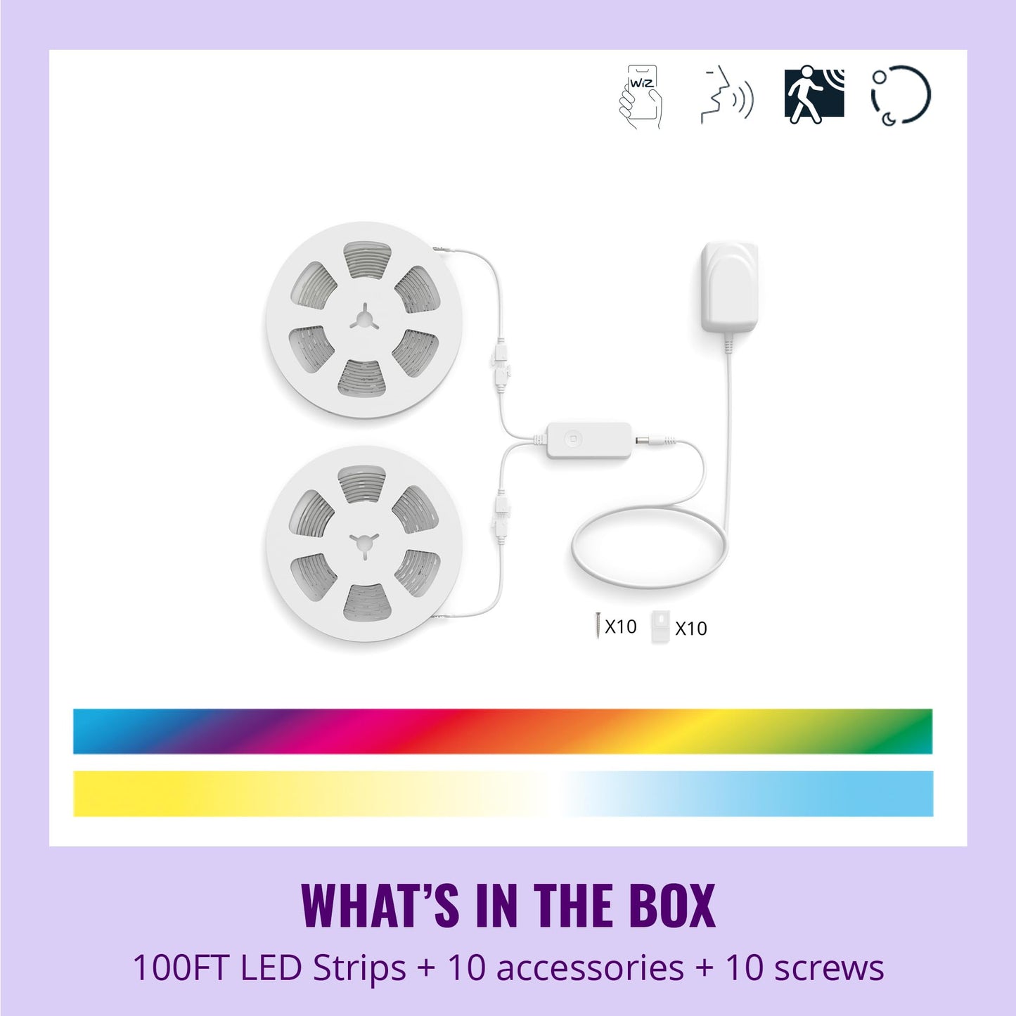 WiZ Connected Smart Light Strip - Sunset to Sunrise Automation + Preset Light Modes + Control with Voice or App, Full Color RGB, 100 ft Cut to Fit
