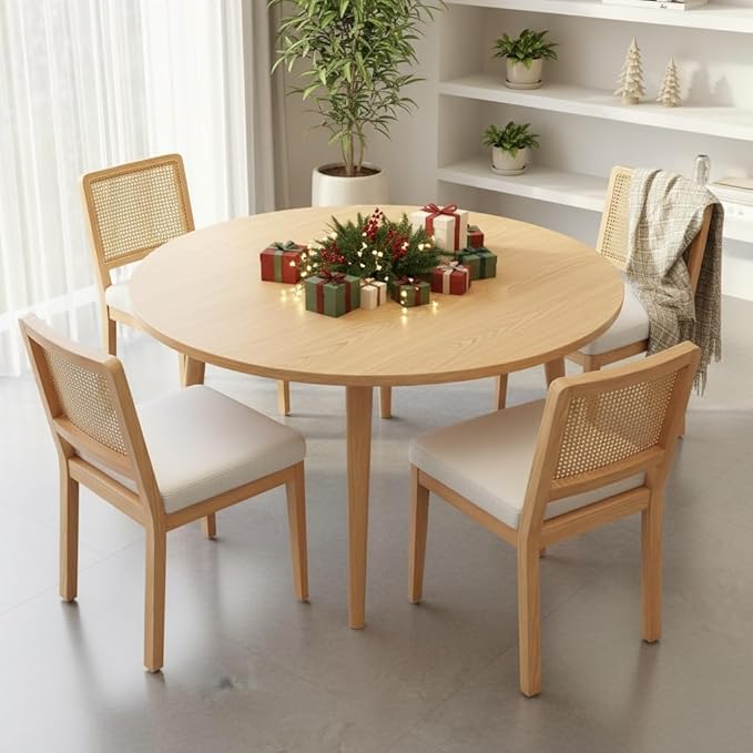 LukeAlon Modern Dining Chairs Set of 4 Farmhouse Kitchen Chairs with Woven Cane Back, Soft Chenille Upholstered Seat, Solid Wood Legs for Dining Room, Breakfast Nook, Comfortable & Stylish, White