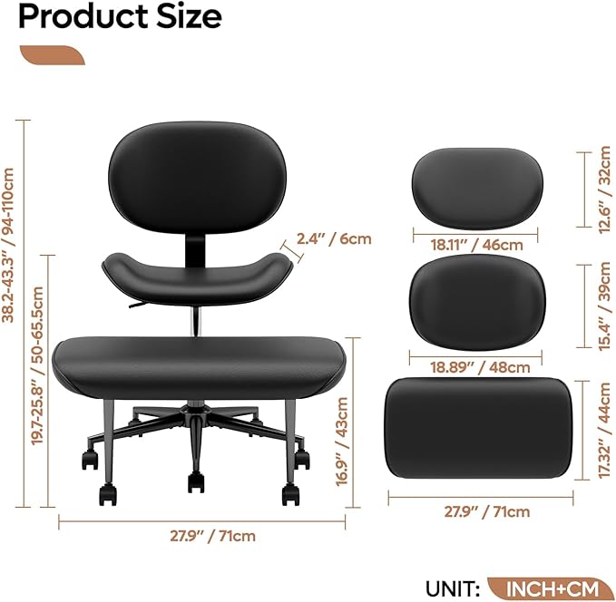 Cross Legged Office Chair with Wheels for ADHD, Ergonomic 360° Swivel Height-Adjustable Meditation Chair for Yoga, Wide Kneeling Chair with Strong Lumbar Support, PU Leather, Black