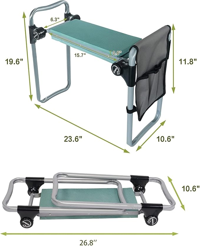 LUCKYERMORE Garden Kneeler and Seat, Button Press Kneeling Bench with Tool Pouch and EVA Foam Pad, Foldable Gardening Stool, Gardening Gifts for Parents Seniors, Lightweight & Heavy Duty