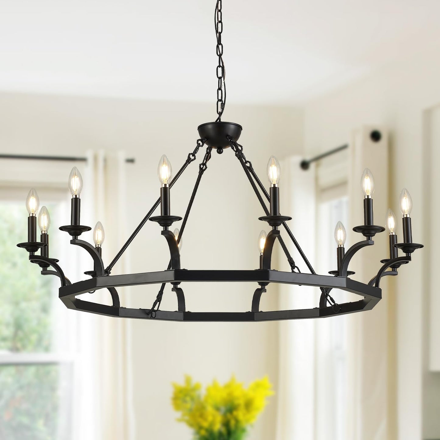 brfaixla 43'' Wagon Wheel Chandelier 12 Lights Industrial Black Metal Ceiling Pendant Chandelier Rustic Hanging Lights Adjustable for Kitchen, Living Room, Dining Room, Entryway, E12 Base