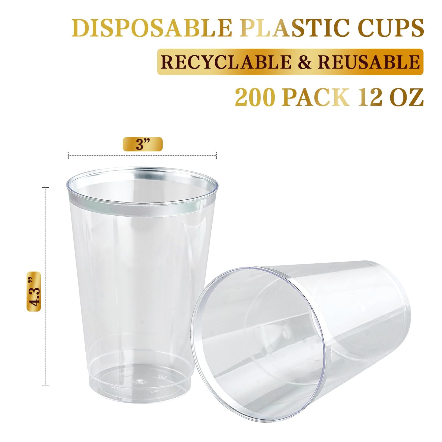 FOCUSLINE 200 Pack 12 oz Silver Rimmed Plastic Cups, Clear Plastic Cup 12 Ounce Tumblers, Heavy-duty & Fancy Disposable Cups with Silver Rim for Wedding Cups Elegant Party
