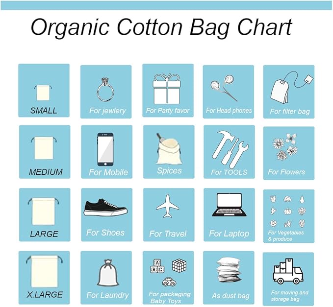 8x10 inches Natural Cotton Double Drawstring Reusable Produce Muslin Bags – Multipurpose Drawstring Storage Pouch for Everyday Use (Pack Of 50)