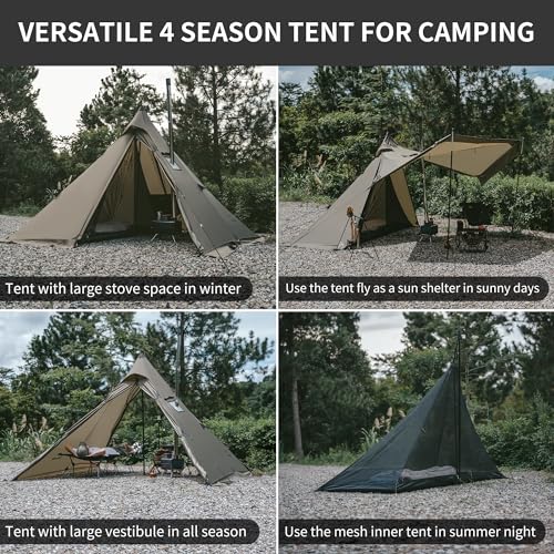 Naturehike Ranch Fire 4 Season Teepee Tent, 2 Person Hot Tent with Stove Jack, Windproof Waterproof Cold Weather Winter Te...