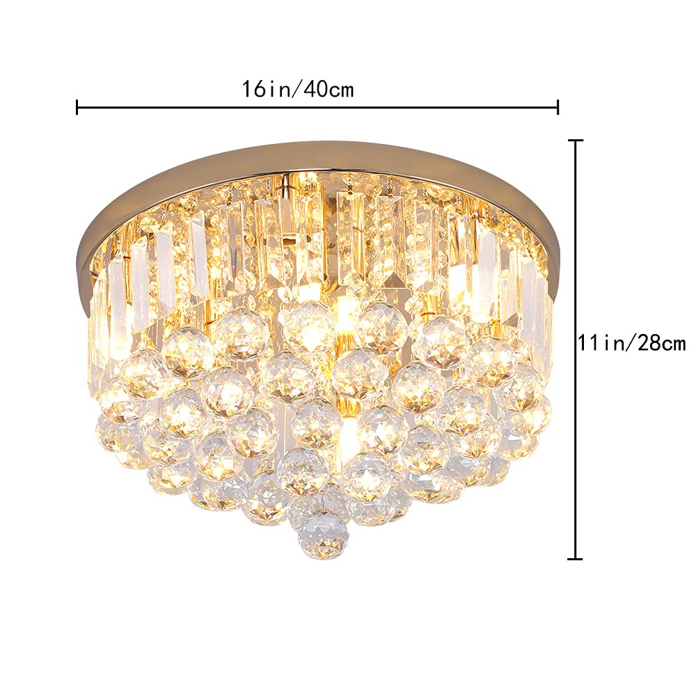Gopmmy Mini Crystal Chandelier Ceiling Light,Flush Mount Modern Round K9 Crystal Raindrop Ceiling Lighting Fixture for Dining Room Bedroom Hallway Height 11''x Width 16''(French Gold)