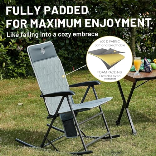 Timber Ridge 3-Level Adjustable Rocking Camping Chair, Padded High Back Outdoor Rocking Chair with Side Pocket, Portable F...