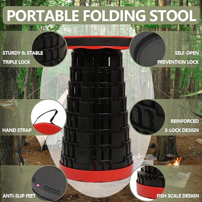 JAEMEYEM 2025 Collapsible Stool Chair, Upgraded Folding Stool for Adults Lightweight, Sturdy, Adjustable, Portable, Foldable Seat Sturdy Stools for Outdoor Camping Fishing Hiking Gardening BBQ