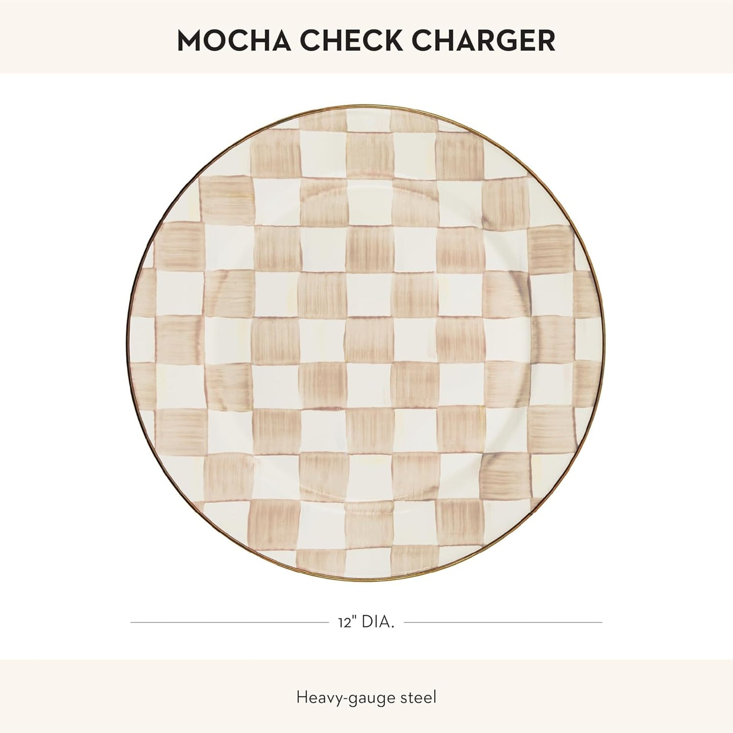 MACKENZIE-CHILDS Enamel Charger Plate, Charger Decoration Plate for Dinner Plates or Home Decor, 12 Inches, Brown-and-White Mocha Check