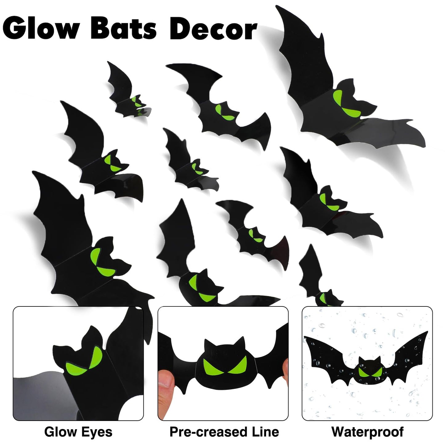DIYASY 144 Pcs Bats Wall Decor, Glow in The Dark Bats 3D Bat Cutouts Halloween Decorations Light Up Eyes Paper Bat Stickers Black Plastic Sticky Decals for Home Indoor Outdoor décor Outside