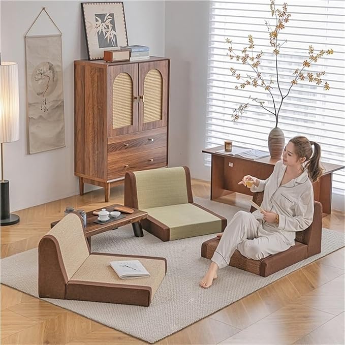 Vintage Floor Chair, Low Meditation Chair with Padded Backrest, Comfortable Ergonomic Lounge Seat, Bamboo Silk Legless Reading Chair for Balcony, Bay Window, Living Room & Bedroom(Brown,51*40*35cm)
