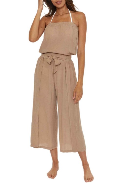 BECCA Women's Standard Ponza Woven Jumpsuit, Crinkled, Beach Cover Ups, Driftwood, Small