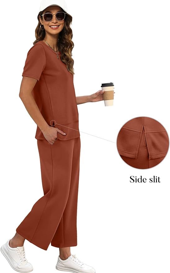 XIEERDUO Women's Side Slit Lounge Sets 2026 Fashion 2 Piece Travel Outfits Cozy Loungewear Wide Leg Tracksuits S-3XL