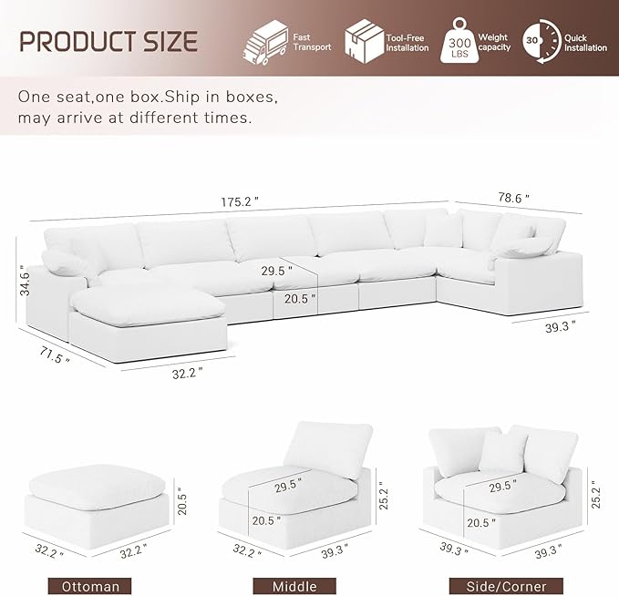 Forest aesthetics Cloud Modular Sectional Sofa,Oversize Down Filled Sofa 6 Seat with Chaise,Minimalist Sofa Cover Washable and Replaceable Couches for Living Room,Sectional Sofa Deep Seat