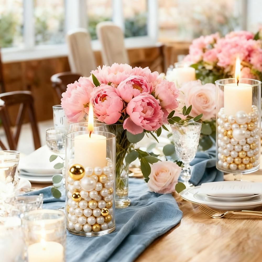 Pearl Beads No Hole Pearls for Crafting 180 Pcs Fake Pearls Faux Pearls for DIY Crafts Jewelry Making Vase Filler Floating Candle Wedding Birthday Party Home Decorations (Gold & Ivory, 8/10/14/20mm)