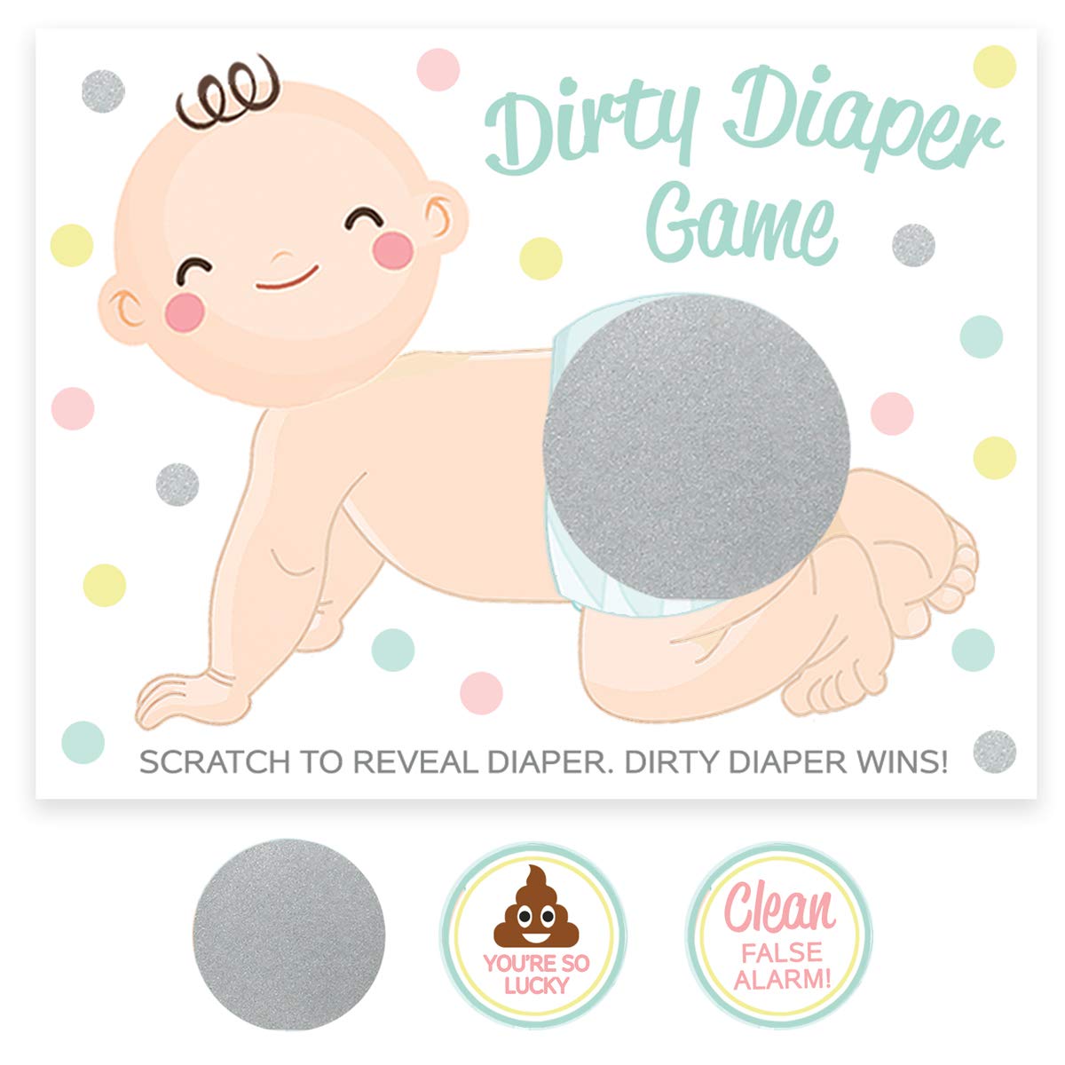 Printed Party Baby Shower Game – Dirty Diaper Scratch Off Raffle, Boy or Girl, 30 Cards and Stickers
