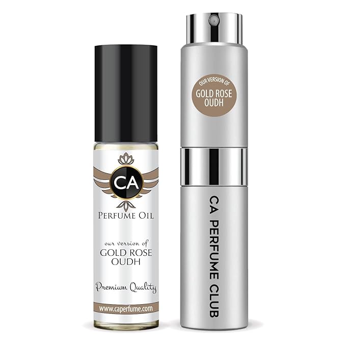CA Perfume Duo Impression of Gold Rose Oudh For Women And Men Perfume Layering Set Long Lasting Travel Size EDP + Body Oil Roll-On Bottle 0.27 Fl Oz+0.33 Fl Oz