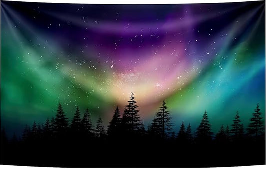 7X5FT Fabric Northern Lights Backdrop Forest Aurora Borealis Night Sky Portrait Background Birthday Party Decoration Banne...