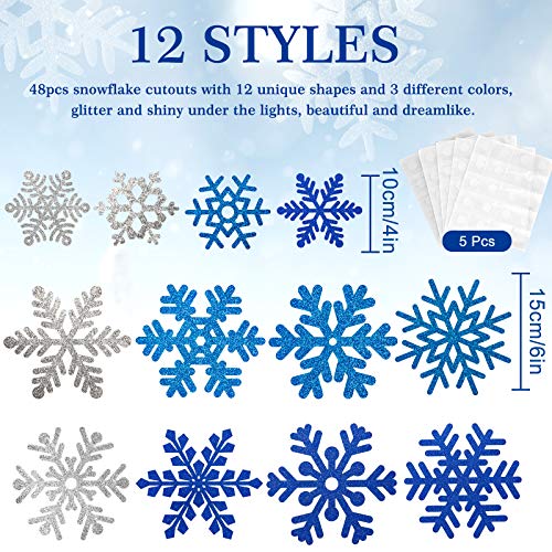 Whaline Snowflake Cut-Outs 48Pcs Glitter Blue Silver Snowflake Cutouts Double-Sided Holiday Cut-Outs with Glue Point for W...