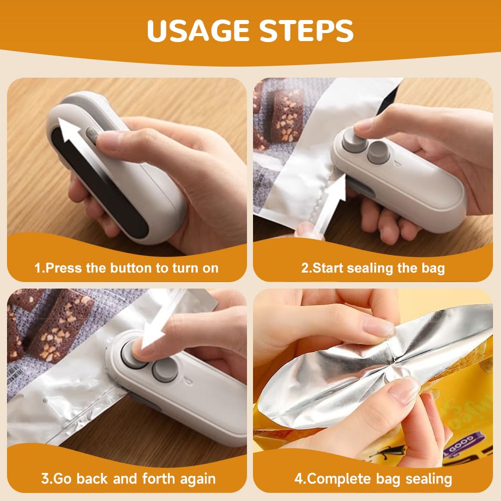 Mini Bag Sealer, 2025 Upgraded 2 in 1 Mini Bag Sealer with Cutter and Magnet, Rechargeable Mini Bags Sealer Portable Resealer Machine for Snack Plastic Bags Food Storage Travel (1, White)