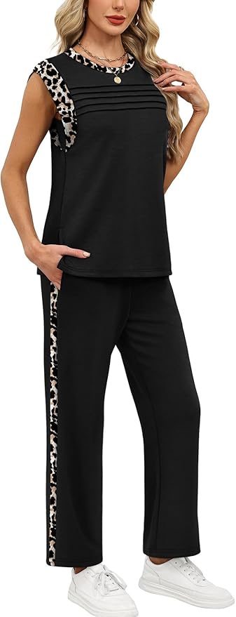 WIHOLL 2 Piece Sets for Women Summer Lounge Sets Travel Vacation Outfits Cap Sleeve Sweatsuit Side Slit Wide Leg Pants S-3XL