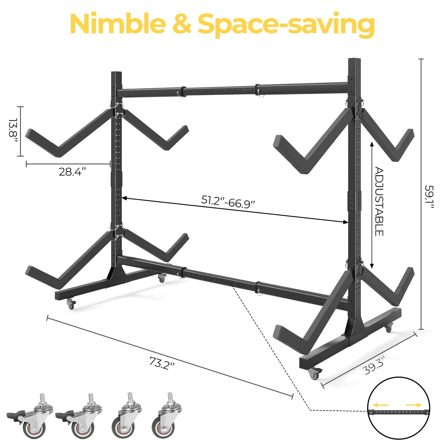 Freestanding Adjustable Kayak Storage Rack, 2 Sides Kayak Bracket, Durable Kayak Rack with Lockable Wheels for Indoor, Outdoor, Garage, Shed, Dock