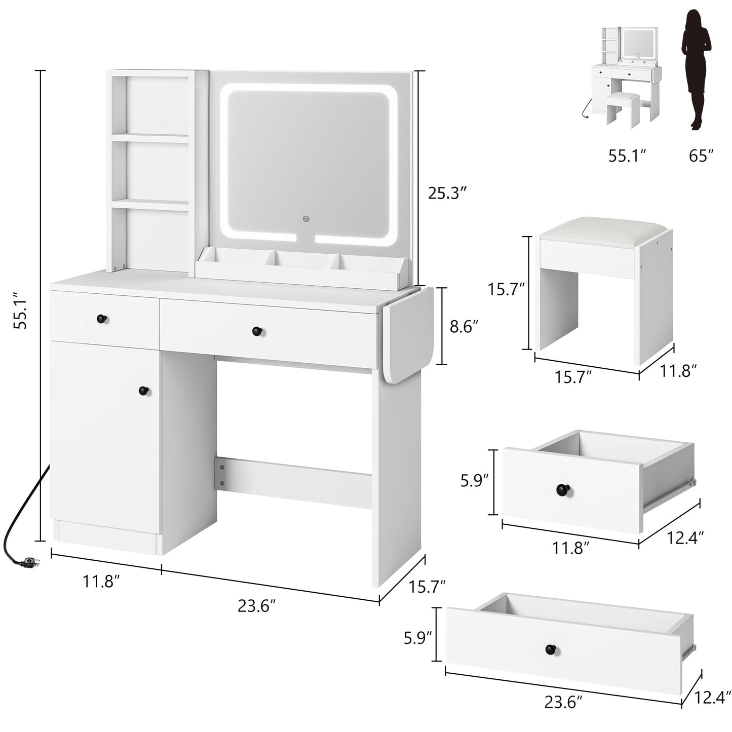 GarveeHome Makeup Vanity Desk with Mirror and Lights, Vanity Table Set with Drawer & Power Outlet & Chair & 3 Shelves, Bedroom, White