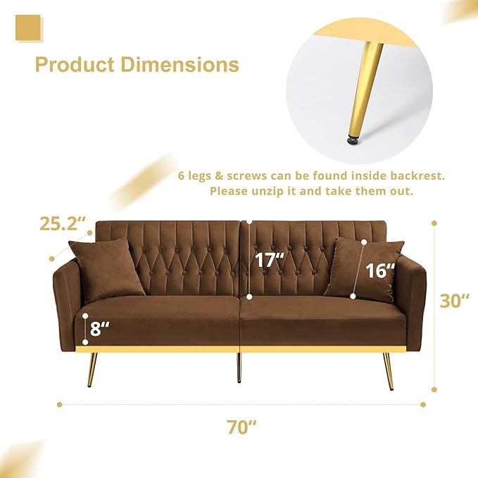 ACMEASE 70” Velvet Futon Sofa Bed with 2 Pillows and Adjustable Armrests, Convertible Sleeper Bed W/Adjustable Backrests, Modern Loveseat for Living Room, Bedroom, Brown