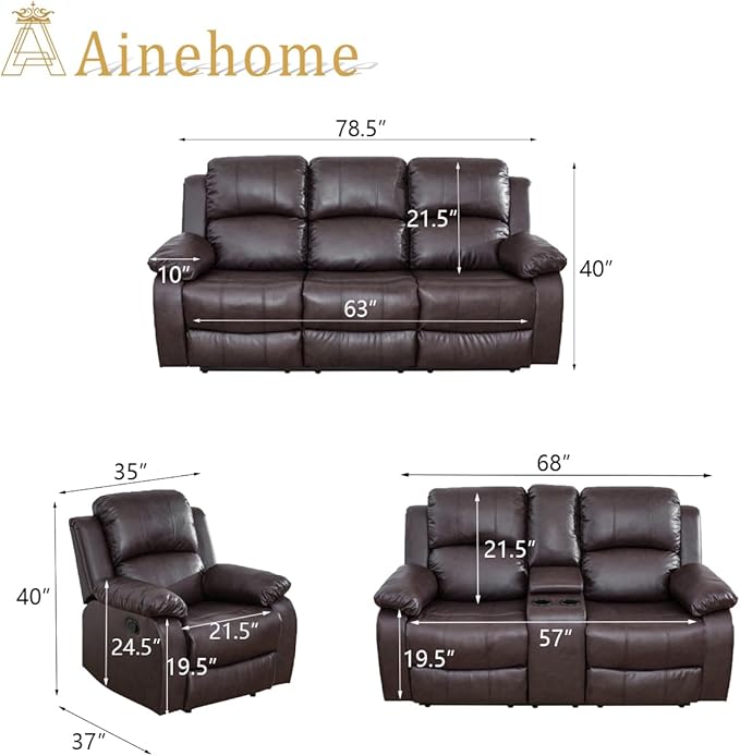 A Ainehome Living Room Furniture Set Leather Recliner Sofa Set Loveseat Chair Furniture Sofa Set for Living Room/Small Space/Rv/House/Office/Theater Seating (A-Brown Leather, 3 Piece Set)