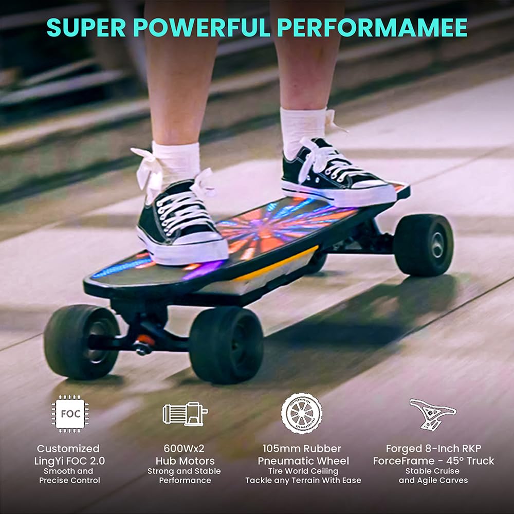 Uditer Pixel mini Electric Skateboards with LED Screen Deck, Supports Image DIY via App. 10S3P 7.8A Removable Battery/ 25 Miles Max Range/28 Mph Top Speed/2*600W for Beginners (Contains 2 batteries)