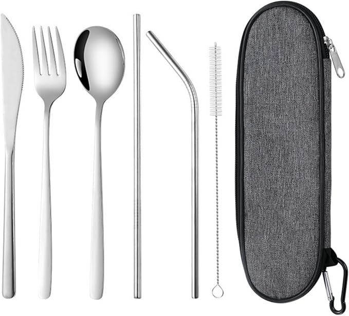 6-Piece Stainless Steel Travel Cutlery Set,Reusable Utensils (Knife/Fork/Spoon/Straw) with Case for Office,Camping & On-Th...