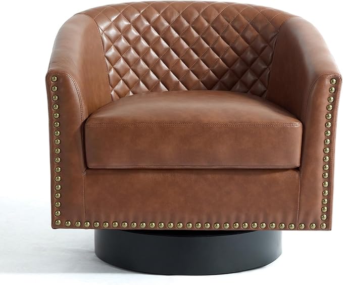 UIXE Faux Leather Swivel Barrel Accent Chairs Set of 2, Upholstered Armchair Club Chair for Living Room, Round Comfy Single Sofa Bedroom Side Reading Seat - Brown