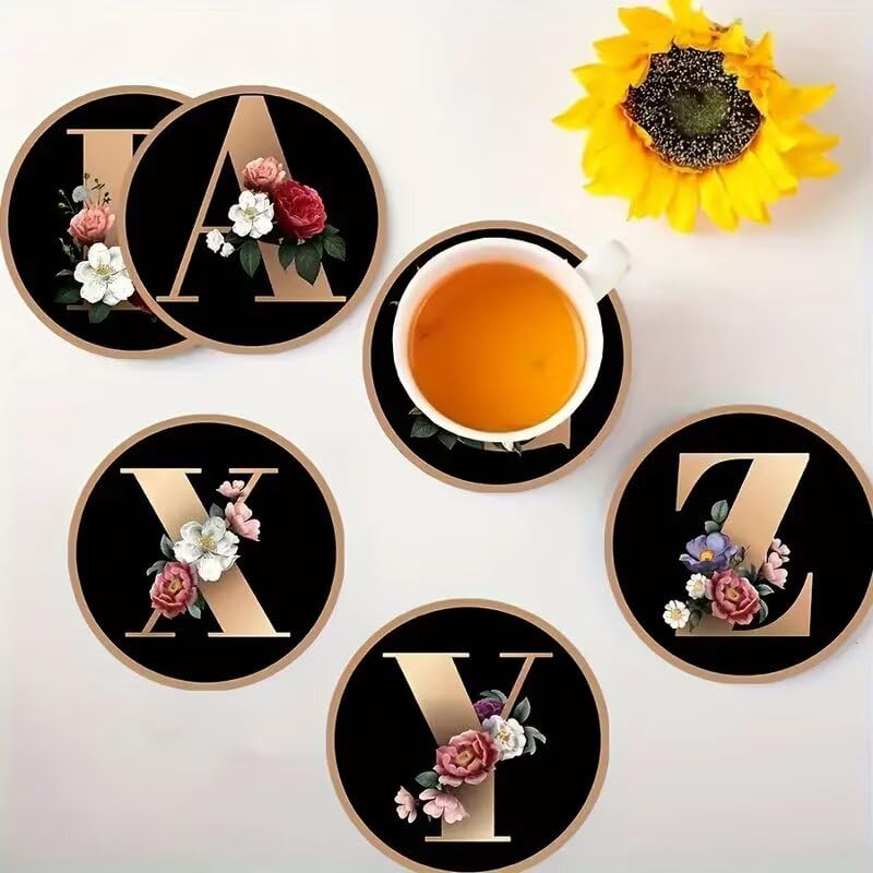 Round Coasters, Letter Series Floral Printed Coaster, Car Coaster, Heat Insulation Table Mat, Room Decor, Kitchen Supplie...