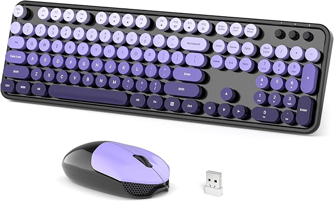 Wireless Keyboard and Mouse Combo, 104 Keys Full Size Typewriter Keyboards, 2.4G USB Plug and Play for Windows 7 8 10 11, PC, Laptop, Desktop, Black & Purple