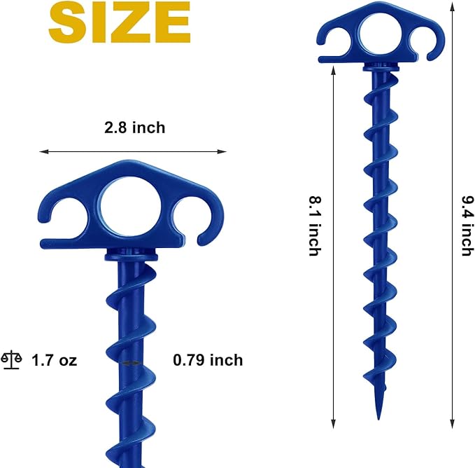COBARYEN Tent Stakes Ground Anchors Screw in, 6 Pack Sand Stakes for Beach 9.4 Inch Heavy Duty Spiral Tent Pegs for Camping, Party, Hiking, Outdoor Decoration (6, Blue)