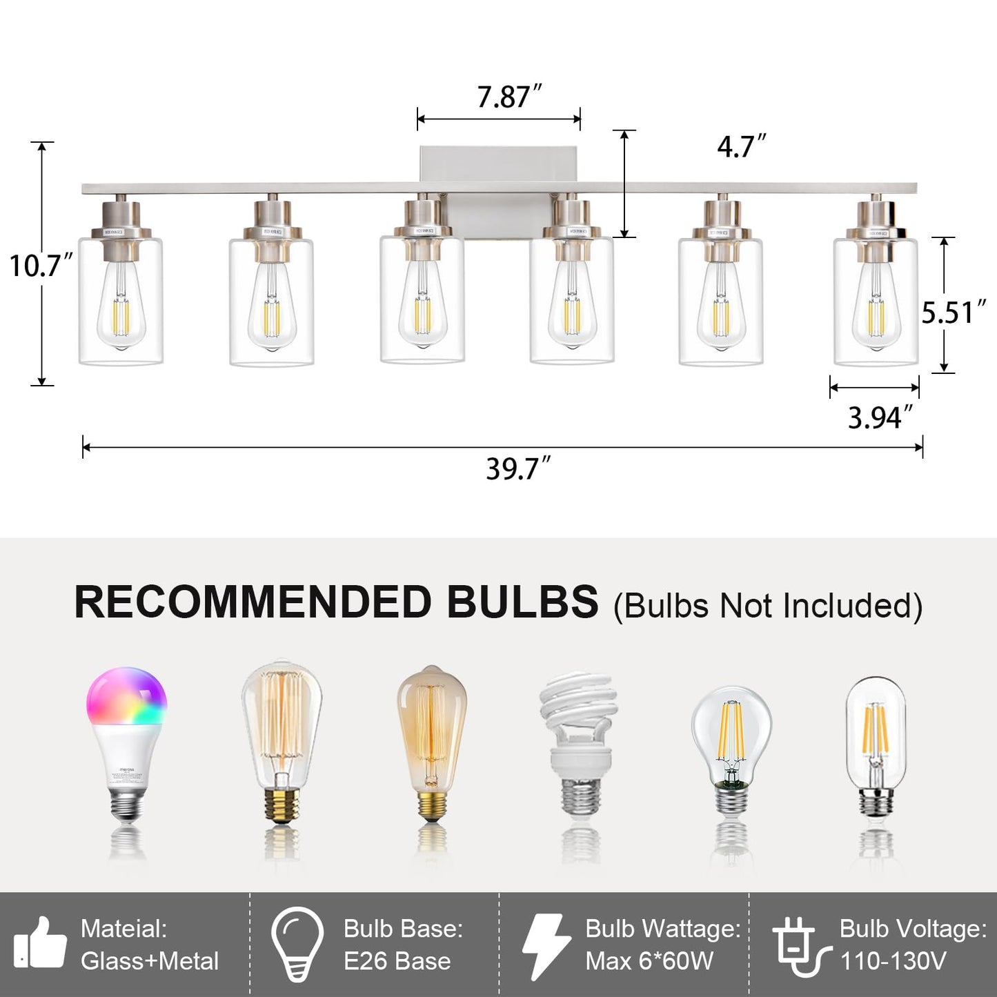 HCCZ 6 Light Bathroom Light Fixtures Brushed Nickel Vanity Light Over Mirror Modern Farmhouse Wall Lighting Sconces Wall Lamp for Bathroom, Bedroom, Living Room E26 Socket with Glass Shade