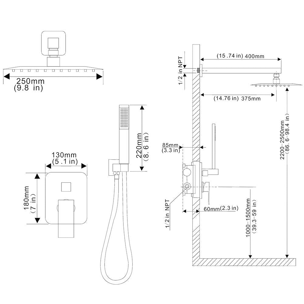 Matte Black Shower System YCAIKOI Wall Mount Shower Faucet Set for Bathroom 10 Inch High Pressure Luxury Shower Head with Handheld, Rough-in Valve Body and Trim Included
