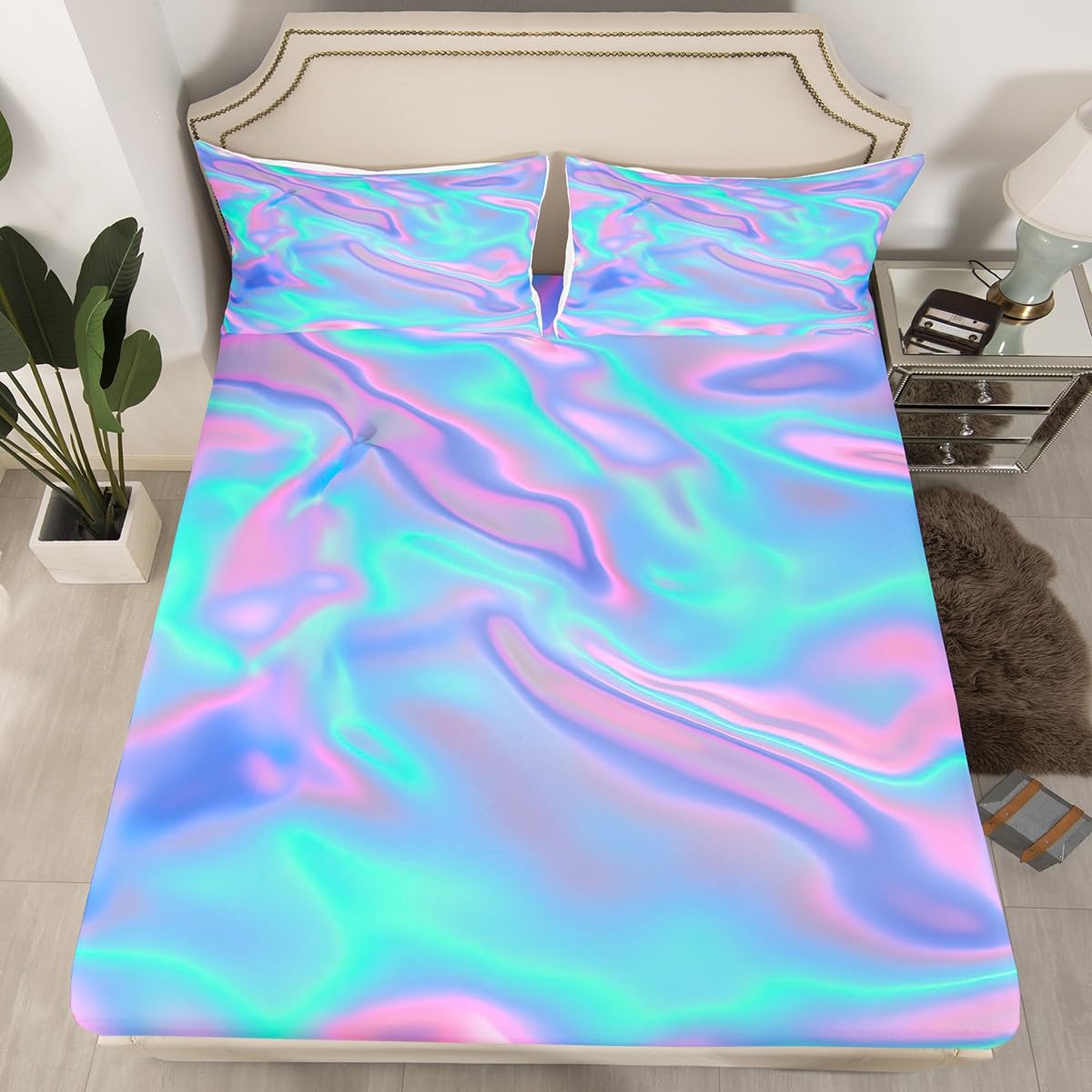 Tie Dye Bed Sheets Queen, Colorful Print Sheet Set, Psychedelic Luxury Soft Lightweight Bedding Set, Green Purple Home Decor Fitted Sheet with Deep Pocket, 1 Flat Sheet, 1 Fitted Sheet, 2 Pillowcases