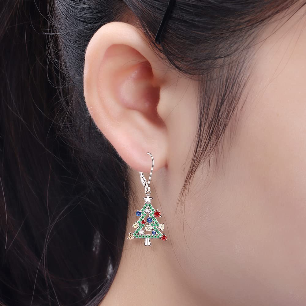 Sterling Silver Christmas Tree Earrings Leverback Dangle Drop Earrings for Women Holiday X-mas Christmas Tree Jewelry